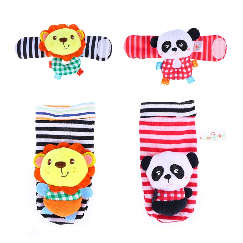 4PCS Soft Plush Animal Wrists Rattle and Foot Finder Socks Set Best Gift Early Educational Development Toy for Infant Baby Boys and Girls